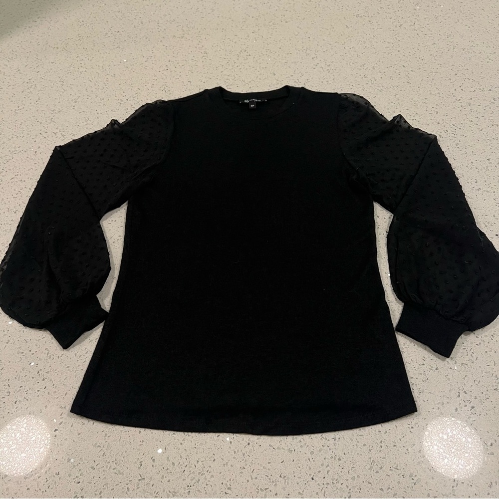LILY MORGAN Black Light Sweater with Sheer Polka Dot Embroidered Sleeves Size SM - Picture 2 of 6